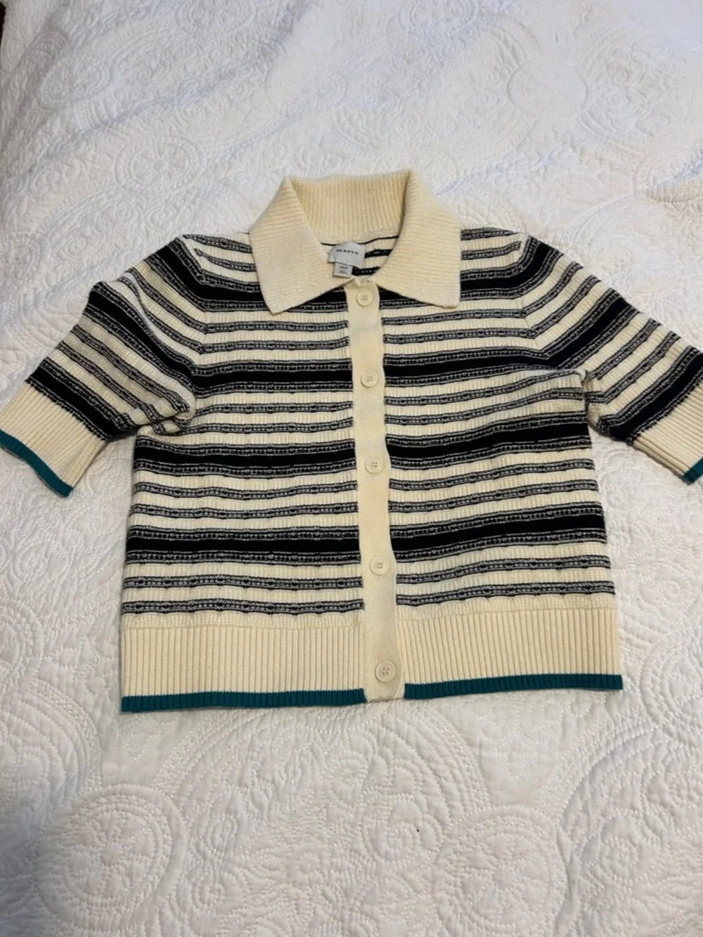 Anthropologie Ivory and Black Striped Short-Sleeve Polo Cardigan with Teal Trim - Picture 3 of 4